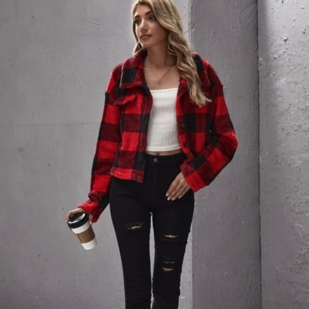 Shien medium collared Buttoned Fleece Plaid Jacket